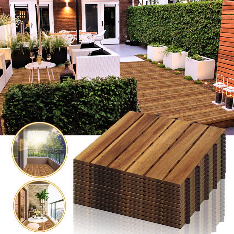 11x Dalles de terrasse en bois d'acacia ou bois d'eucalyptus 30 x 30 cm Dalle clipsable balcon jardin extérieur Acacia Mosaïque - Swanew