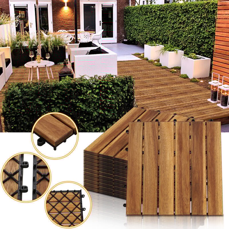 Swanew - 55x Dalles de terrasse en bois d'acacia ou bois d'eucalyptus 30 x 30 cm Dalle clipsable balcon jardin extérieur Acacia Mosaïque