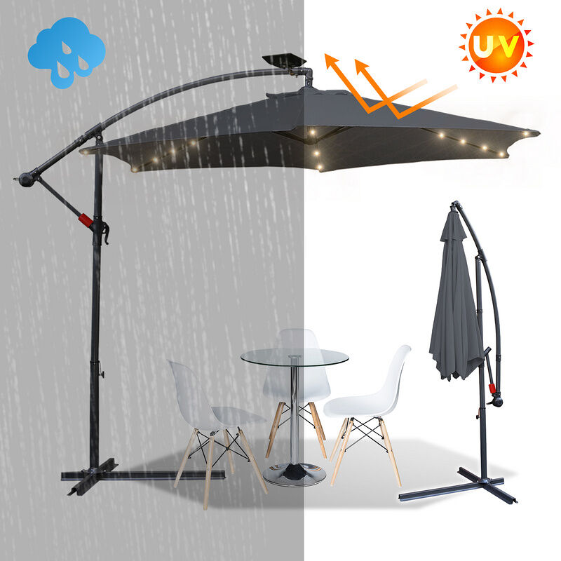Swanew - 3m Parasol UV40+ camping pendule parasol pavillon led solaire jardin parasol avec led - gris - gris