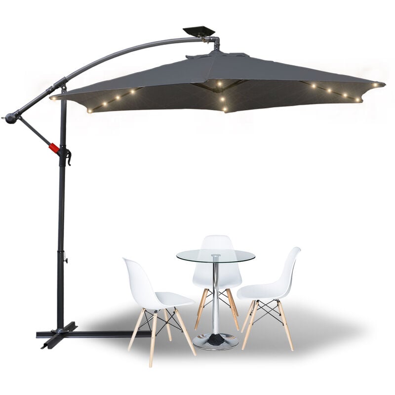 Swanew - Parasol 350cm- parasol jardin, parasol deporté, parasol de balcon avec éclairage led - gris
