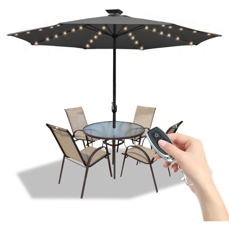 Parasol avec led 350 cm gris - manivelle - protection uv hydrofuge pliable - Parapluie de marché