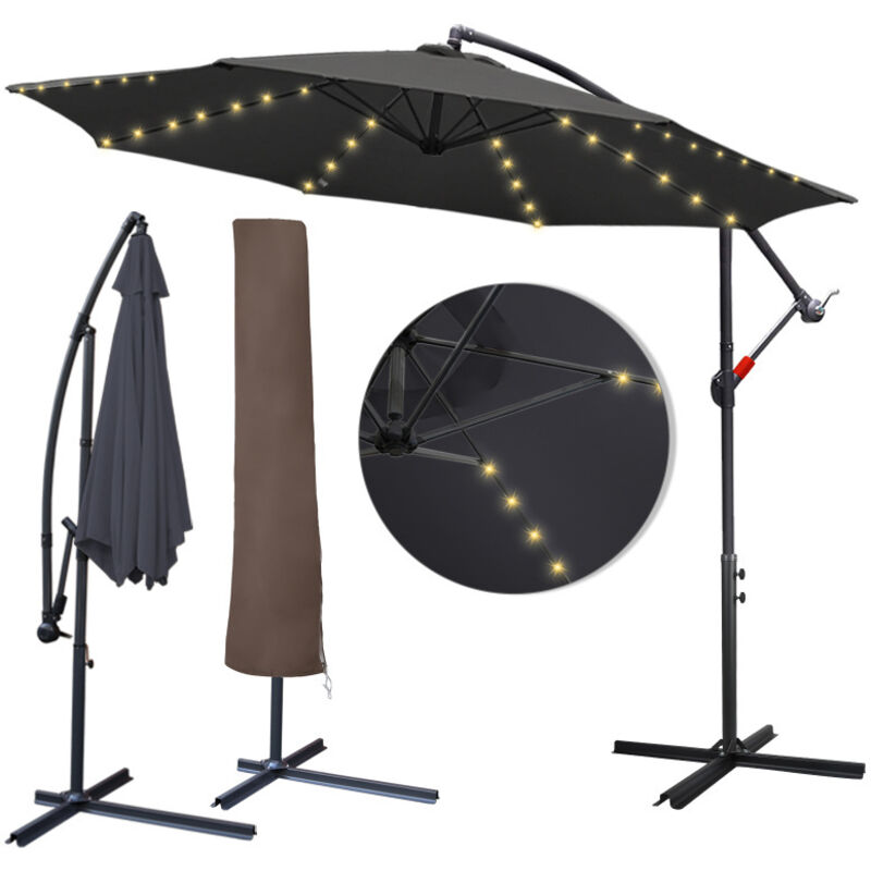 3.5m Parasol avec led et housse de protection Parasol ampli de jardin Terrasse UV30+ Parasol de marché Gris
