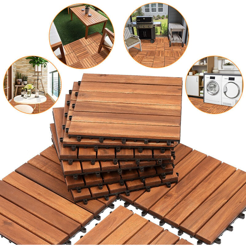 Swanew - Dalles de terrasse caillebotis Lot de 44 dalles en bois de mosaïque de 4 m² 30 x 30 cm Pour balcon jardin terrasse balcon - marron