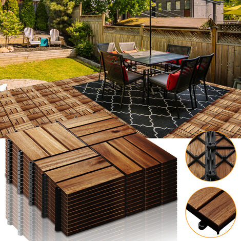 SWANEW 44x Dalles de terrasse en bois d'acacia pour 4m² 30 x 30 cm Jardin extérieur système d’emboîtement et de Drainage - Braun