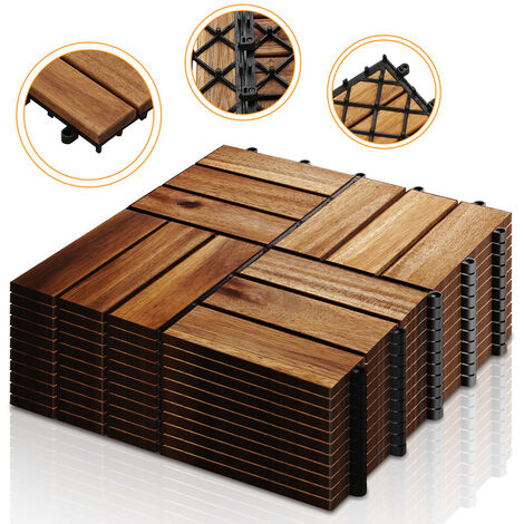 SWANEW 55x Dalles de terrasse en bois d'acacia pour 5m² 30 x 30 cm Jardin extérieur système d’emboîtement et de Drainage - Braun