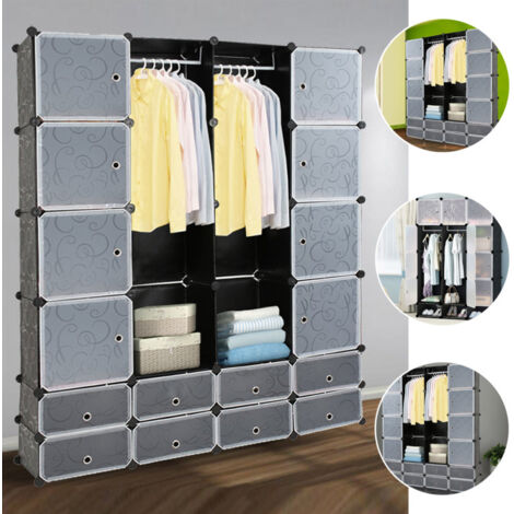 SWANEW Armadio da Camera con 16 Cubi, Scaffali Fai-da-te per Abiti e Libri - Nero