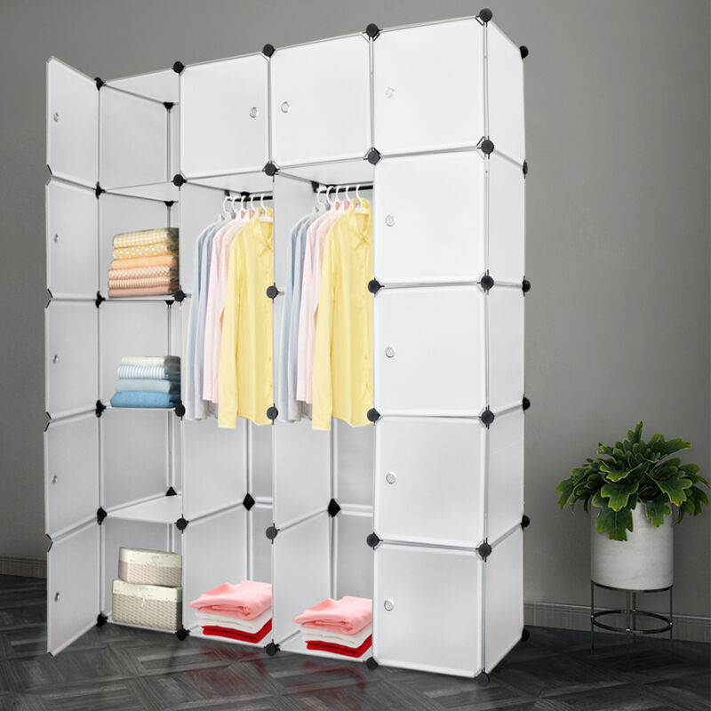 Armoire Penderie en Plastique, 180x142x37cm, Armoire de Rangement pour Vêtements Chaussures, avec Porte, 20 cubes, Blanc - Swanew