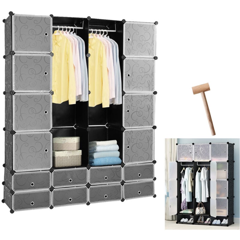 Armoire Penderie en Plastique, 180x142x37cm, Armoire de Rangement pour Vêtements Chaussures, avec Porte, 16+8 cubes, Noir - Swanew