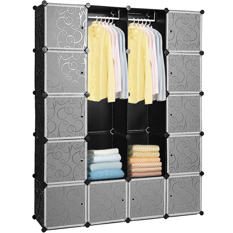 Armoire Penderie en Plastique, 180x142x37cm, Armoire de Rangement pour Vêtements Chaussures, avec Porte, 20 cubes, Noir - Swanew