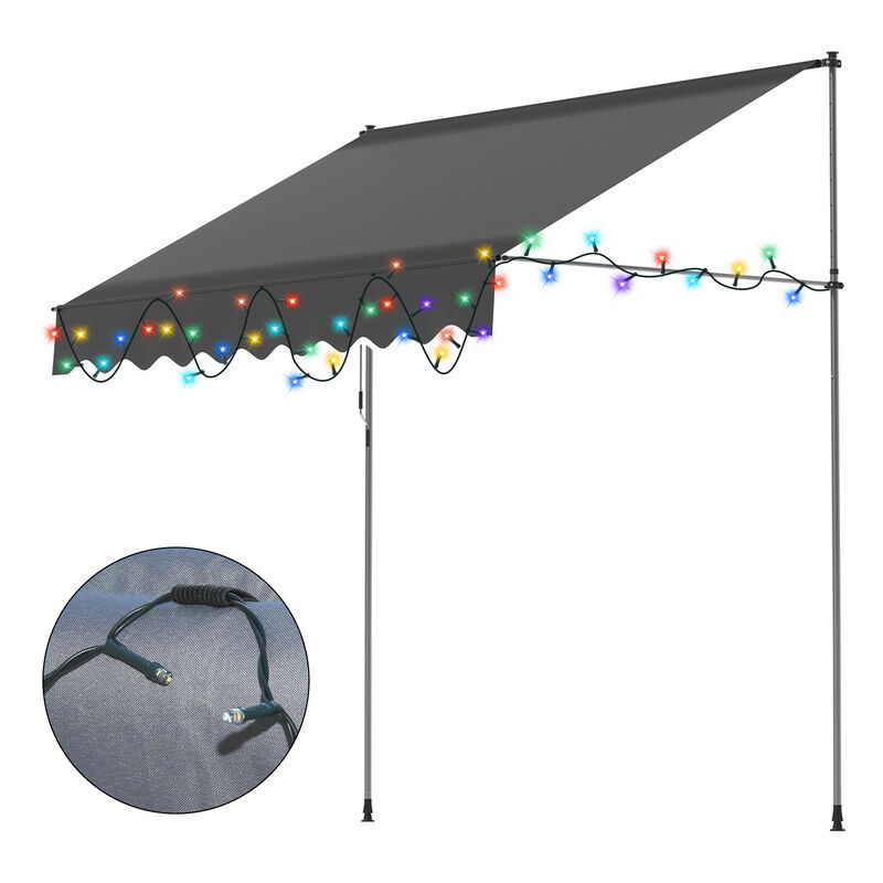 Auvent manuel avec poignée Pas perçage nécessaire Résistant au soleil et à l'eau Réglable hauteur Avec guirlandes lumineuses Gris 300cm - Swanew