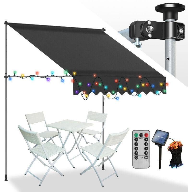 Auvent manuel Store à pince Auvent à Pince Auvent pour balcon Store de fenêtre Store de balcon sans percer, anti-UV 300cm Gris avec led - Swanew