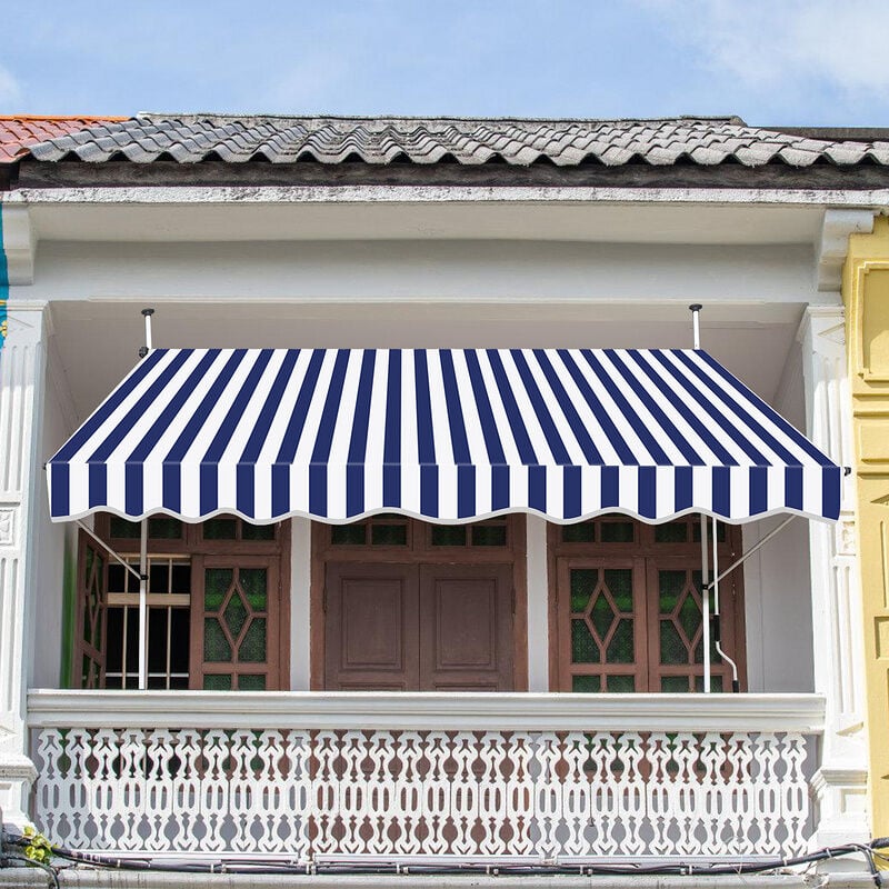 SWANEW Auvent Rétractable, Store Balcon en Métal et Polyester, Hauteur Réglable, avec Manivelle 4M, bleu et blanc