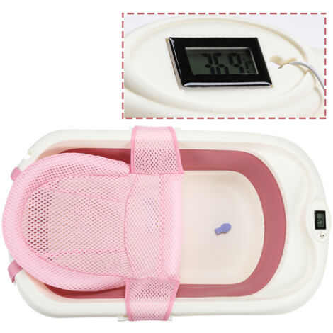 SWANEW Baby Badewanne Reisebadewanne Babywanne Ergonomische Faltbare mit Thermometer - rosa