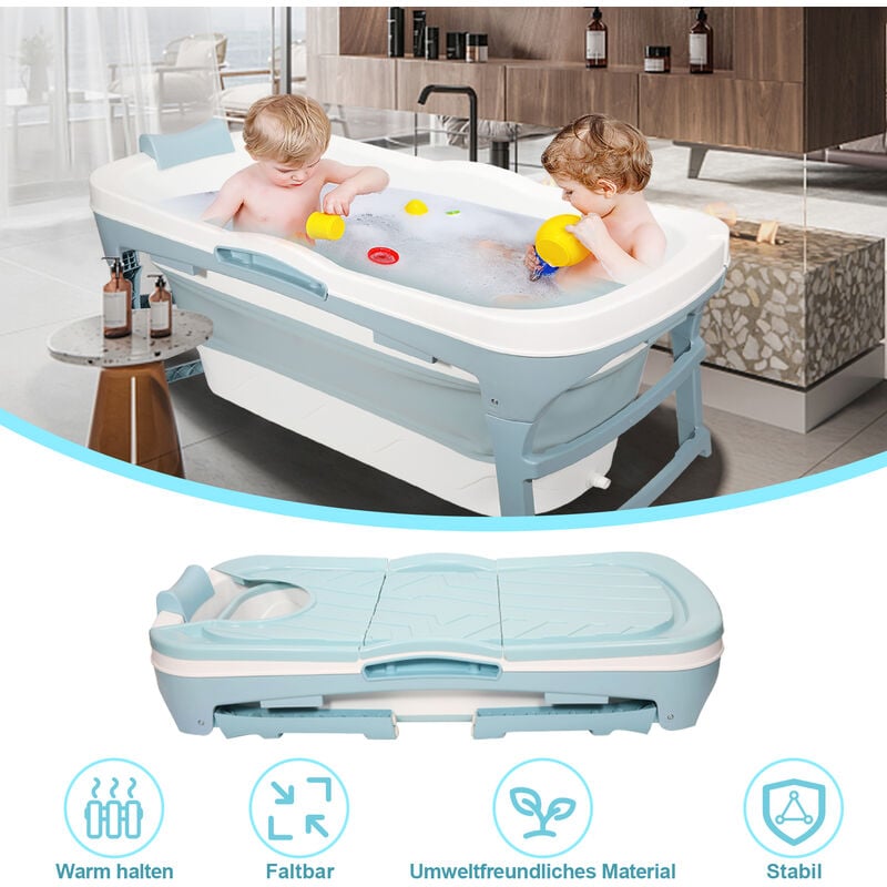 Swanew - Baignoire bébé Baignoire pliable pour adulte Mobile Baignoire portable avec couverture rouleaux plateau 118x60x50cm