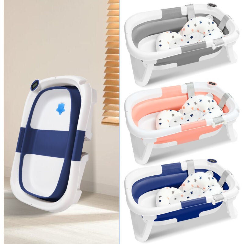 Swanew - Baignoire BéBé Pliable économie d'espace - Coussin de baignoire - avec Thermomètre - Bleu