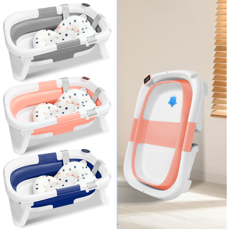 Baignoire pliable bébé pliante évolutive + Coussin de bain, avec Thermomètre,Rose - Swanew