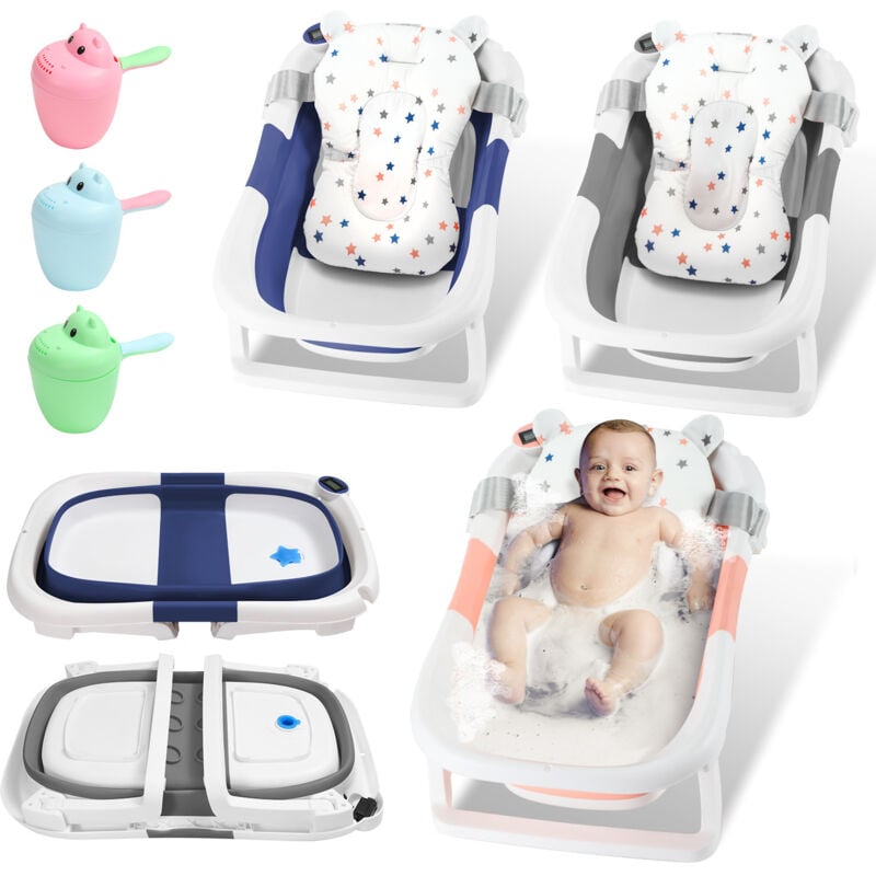 SWANEW Baignoire pliable bébé pliante évolutive + Coussin de bain, avec Thermomètre Bleu 60,5x43x20,5cm