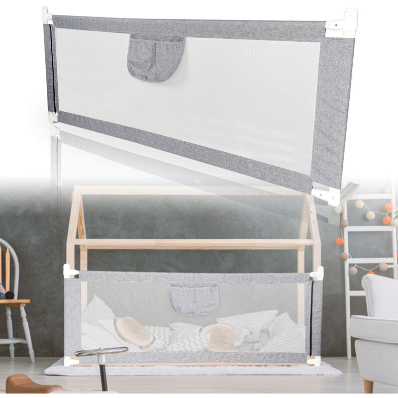 Swanew – Barrière de lit anti-chute 200 cm – Hauteur réglable 64-96 cm – Tissu lin et acier – Filet aéré pour sécurité enfant