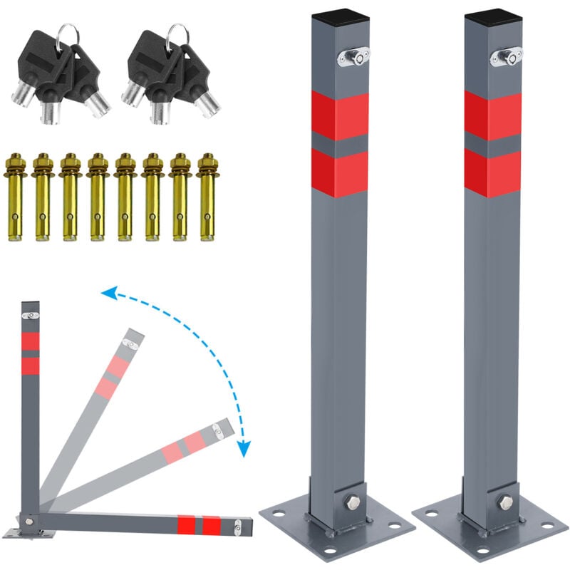 SWANEW Barrière de parking 2x Poteau de parking Avec 6 Clés Poteau Parking Barrière Verrouillable Rabattable Borne Stationnement