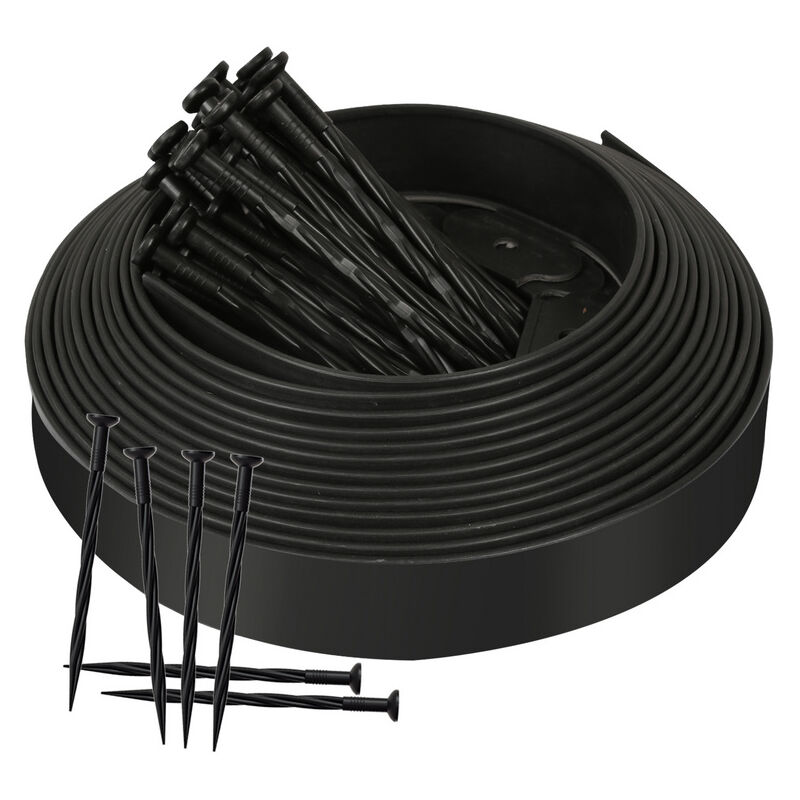 Bordure de jardin Bordure de Pelouse en Plastique 20m avec 60 piquets d'ancrage, Noir