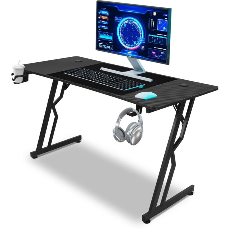Swanew - Bureau Gaming avec Tapis de Souris et Porte-gobelet, Plateau en fibre de carbone, 120x60cm, Bureau de jeu sans led