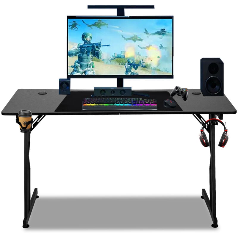 Swanew - Bureau Gaming Bureau de jeu avec Porte-gobelet et Crochet pour Casque, 120x60cm, Plateau en Fibre de Carbone, sans led
