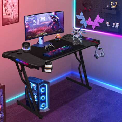 Bureau Gaming 120x60cm HLFURNIEU - Carbone, Porte-Gobelet, Crochet Casque Noir