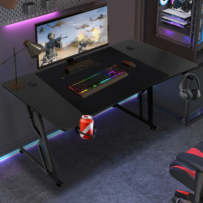 Swanew - Bureau Gaming Table de Gaming 120x60cm pc Gamer avec Tapis de Souris, Porte-gobelet et Crochet Adapté au Bureau Maison - sans led