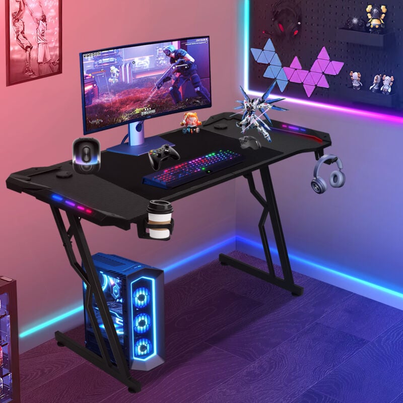 Swanew - Bureau Gaming Table de Gaming 120x60cm pc Gamer avec Tapis de Souris, Porte-gobelet et Crochet Adapté au Bureau Maison - met LED+télécommande