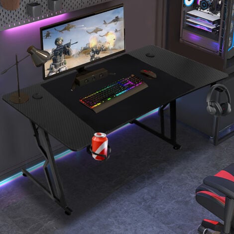 SWANEW 120x60cm PC Gamer avec Tapis de Souris, Porte-gobelet et Crochet Adapté au Bureau Maison - met LED+télécommande