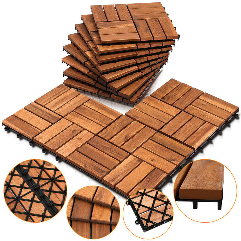 Swanew - Dalles de terrasse en bois d'acacia Mosaïque 30 x 30 cm 1m² 11er set Système d'emboîtement Mosaïque Découpable - marron