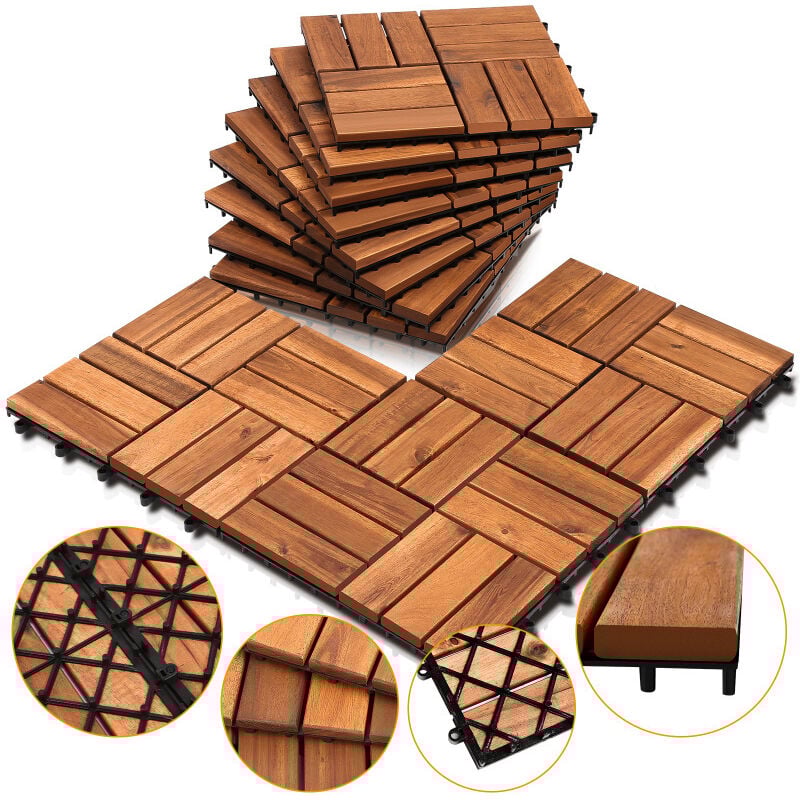 Swanew - Dalles de terrasse en bois d'acacia Mosaïque 30 x 30 cm 3m² 33er set Système d'emboîtement Mosaïque Découpable