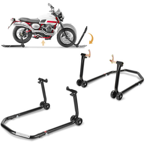 SWANEW Cavalletto per officina - Set di 2 - Per ruote anteriori e posteriori - Carrello elevatore nero