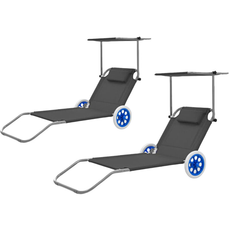 Chaise longue 2x gris avec 2x roulettes chaise longue pliante avec protection solaire Alu - Swanew