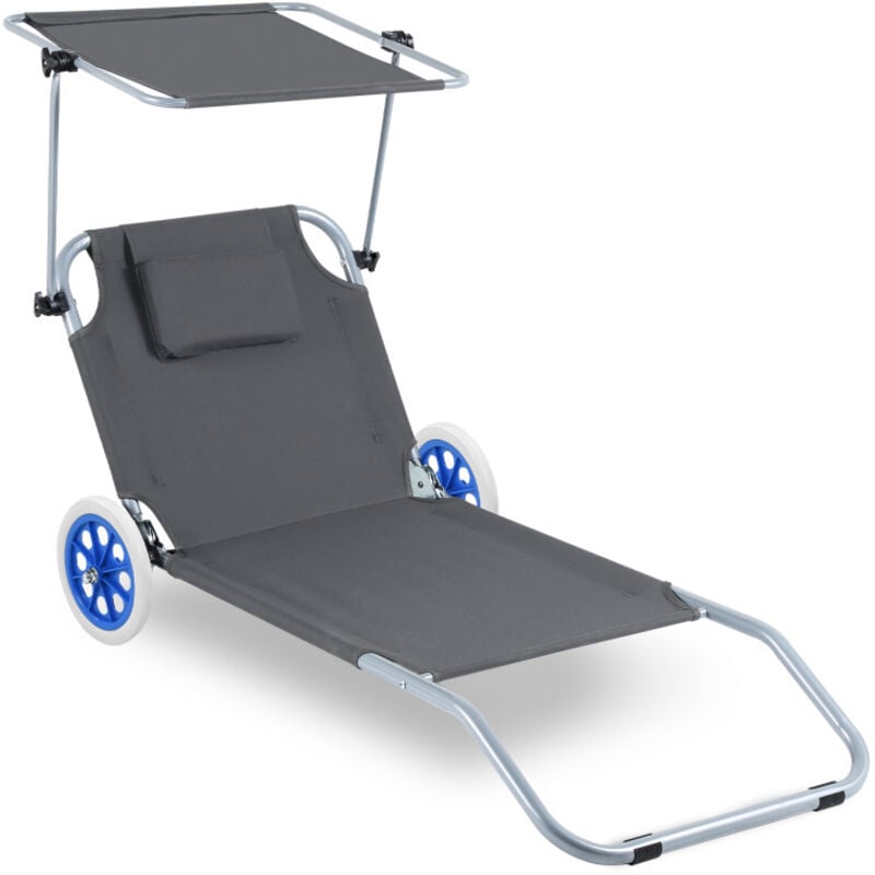 Chaise longue de jardin, Chaise de plage, Chaise longue pliable, jusqu'à 100 kg, avec 2 roues, oreiller 150x60x27cm-Gris Foncé - Swanew