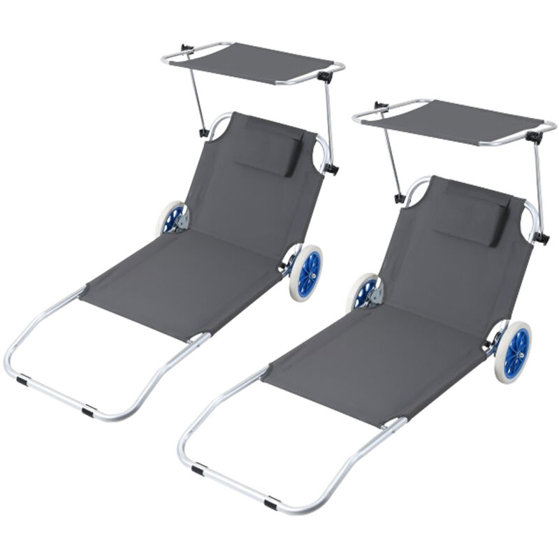 2pcs Chaise longue de jardin, Chaise de plage, Chaise longue pliablejusqu'à 100 kg-150x60x27cm-Gris Foncé - Swanew