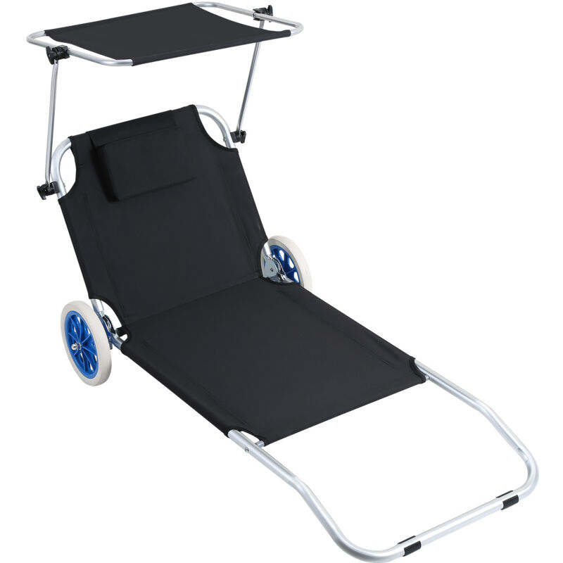 Chaise longue noire avec 2x roulettes chaise longue pliante avec protection solaire Alu - Swanew