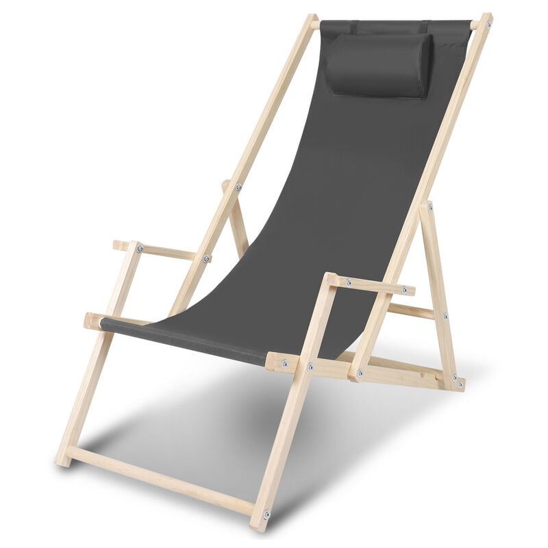 Swanew - Chaise longue pivotante pliante Chaise longue de plage Chaise longue de balcon Chaise en bois Gris Avec Mains Courantes - Gris