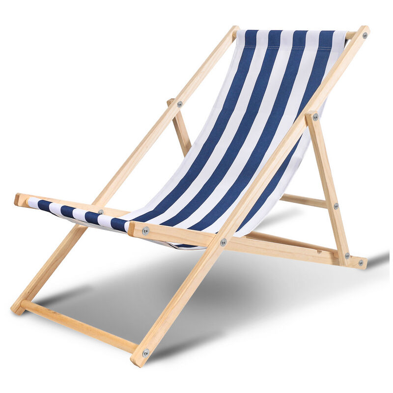 Chaise longue pliante en bois Chaise de plage 3 positions transat jardin exterieur Bleu blanc - Swanew
