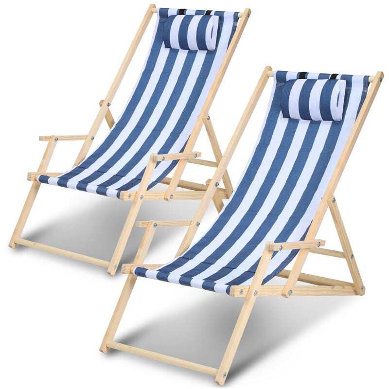 SWANEW Chaise longue pliante en bois Chaise de plage 3 positions transat jardin exterieur Bleu blanc Avec mains courantes 2X