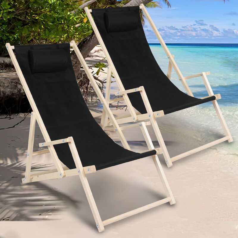 Swanew - Chaise longue pliante en bois Chaise de plage 3 positions transat jardin exterieur noir Avec mains courantes 2 pièces