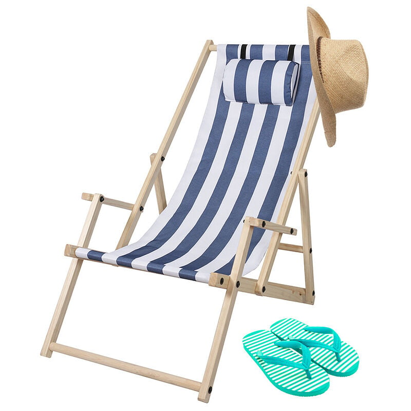 Chaise longue Relax chaise solaire 120kg Chair Chaise confortable pliable en bois bleu blanc Avec mains courantes - bleu blanc - Einfeben