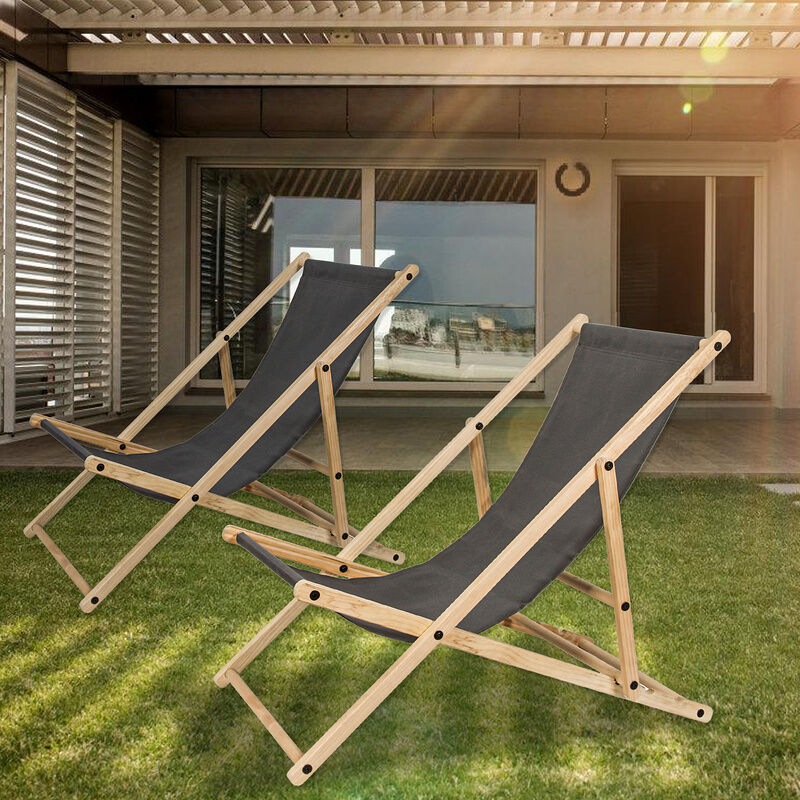 Swanew - Chaise longue Relax chaise solaire 120kg Chair Chaise confortable pliable en bois Gris 2 pièces