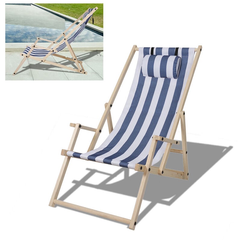 Chaise longue Chaise longue de plage Chaise de jardin Pliable Bois Chaise longue de plage Bleu Blanc Avec Mains Courantes - Swanew