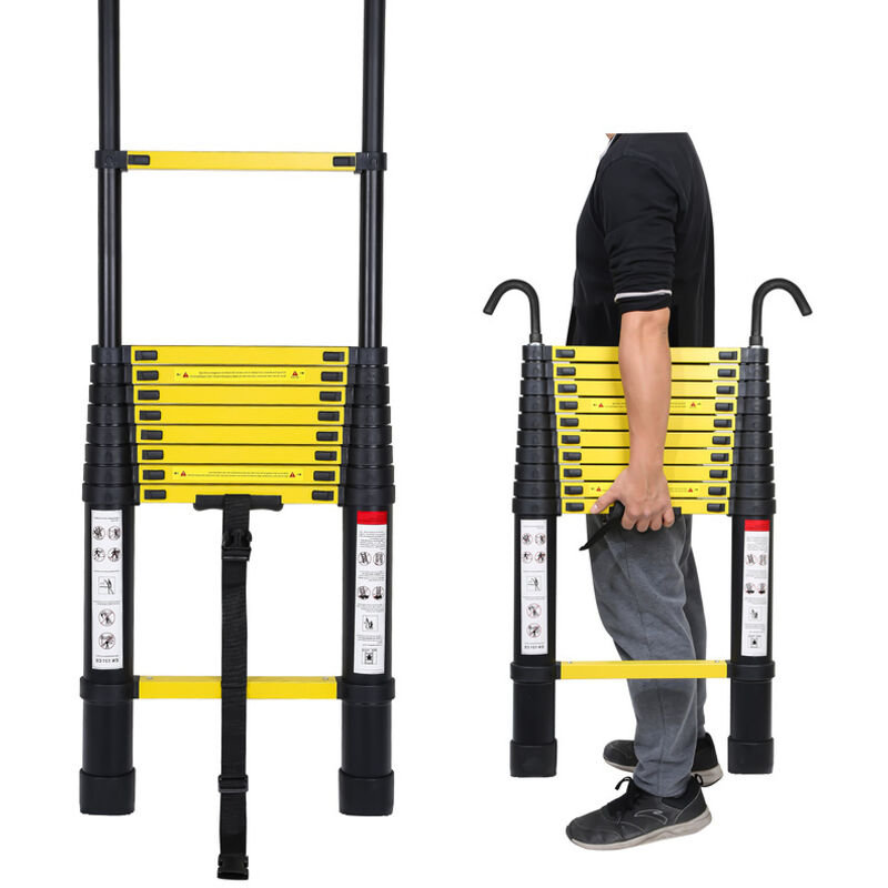 Echelle Télescopique Avec Crochet Escabeau Aluminium Noir+jaune 3,2m avec crochet