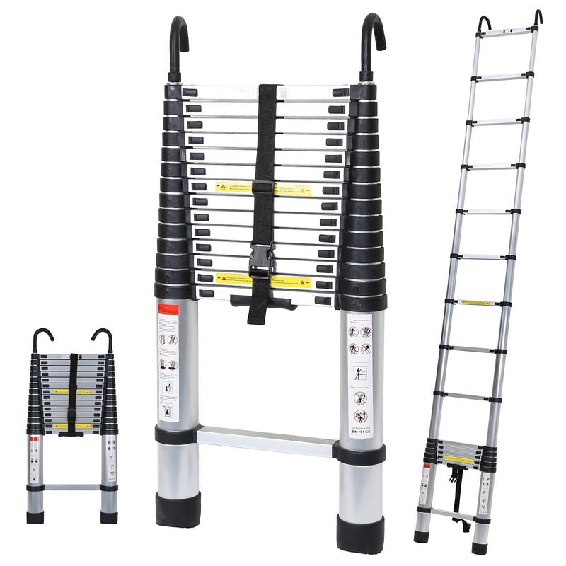 Echelle Télescopique Avec Crochet Escabeau Aluminium Argent 4,4m avec crochet