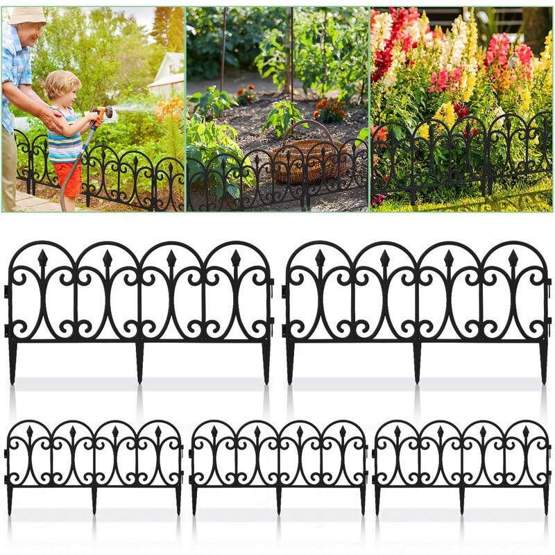 Einfeben - 10 pièces Bordure de pelouse Set de clôtures de parterres de fleurs en plastique Palissade de jardin Clôture décorative - Noir
