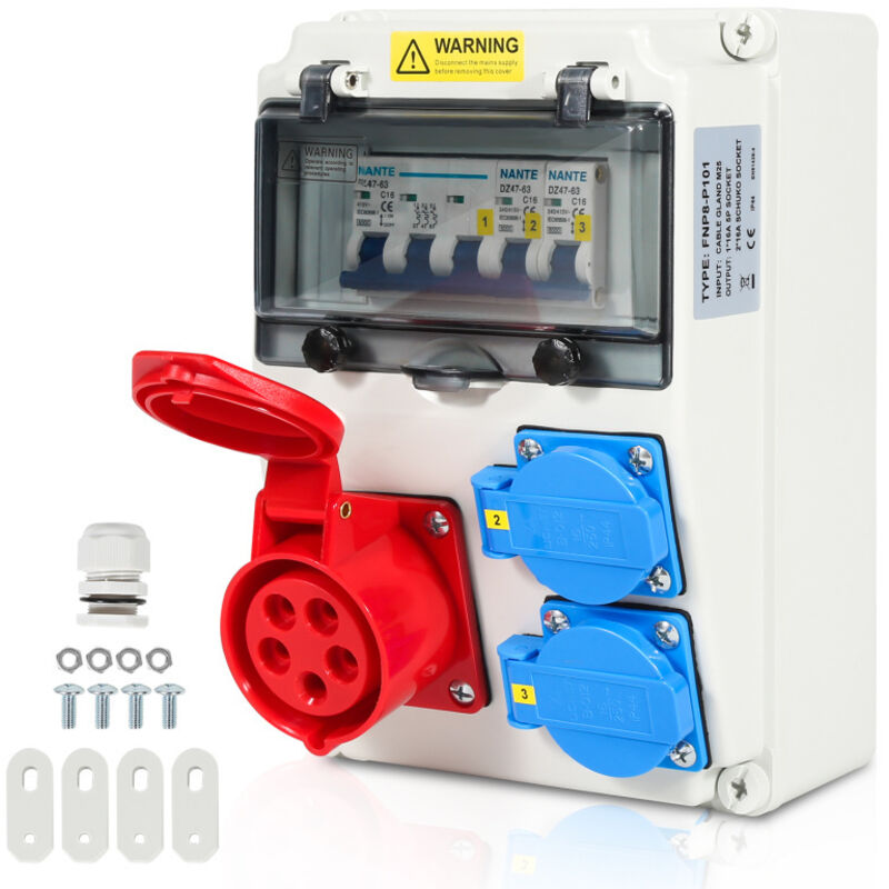Coffret De Chantier Distributeur mural avec disjoncteur, répartiteur électrique de site à 5 pôles avec 2 prises Schuko et prise cee 16 a - Swanew