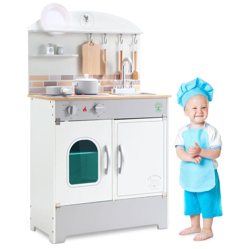 SWANEW Cuisine pour enfants Kit de cuisine blanc laine Outdoor Cuisine jouet avec four, réfrigérateur, micro-ondes, évier et cuisinière