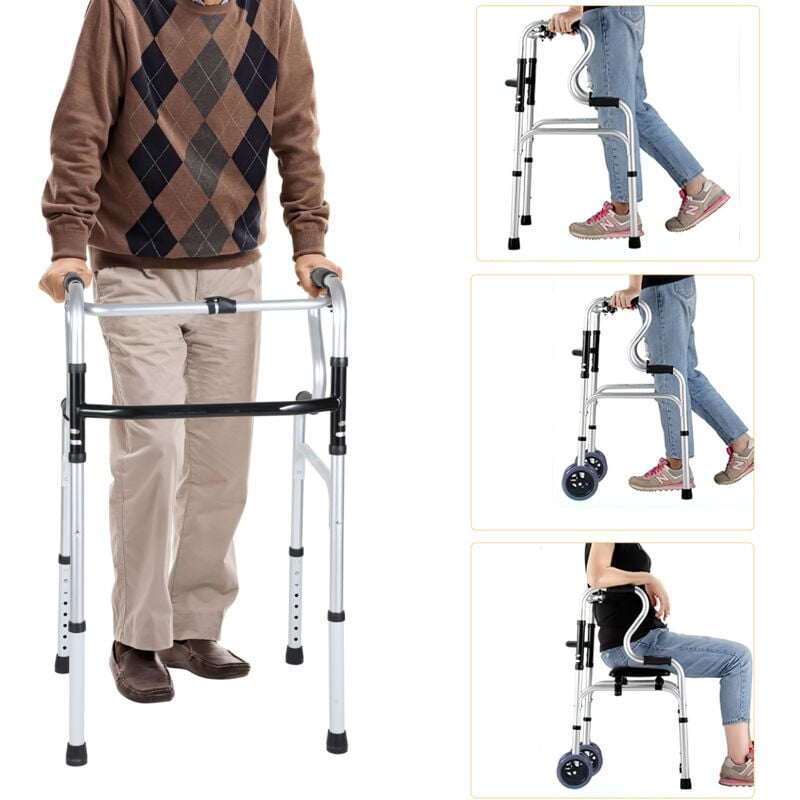 Déambulateur 4 roues pliable, Cadre de marche, Hauteur réglable, Léger en d'aluminium, fixe et réglable, à double accoudoir - Swanew
